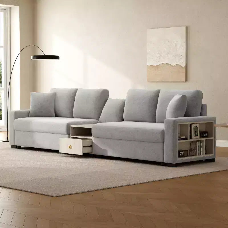 Christopher Knight Home Cale Canapé d'angle moderne 4 places en chenille de 325 cm avec console, accoudoir de rangement et oreillers