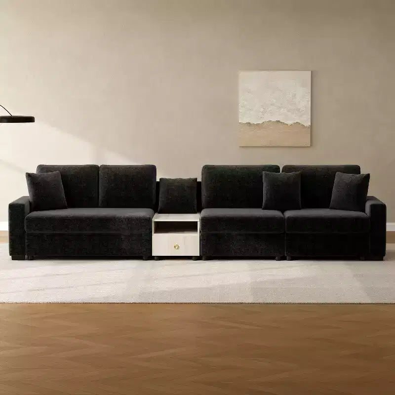 Christopher Knight Home Dirae 132.5'' Modern 4-Seater Chenille Upholstered Sectional Sofa with Console, Storage Armrest and Pillows