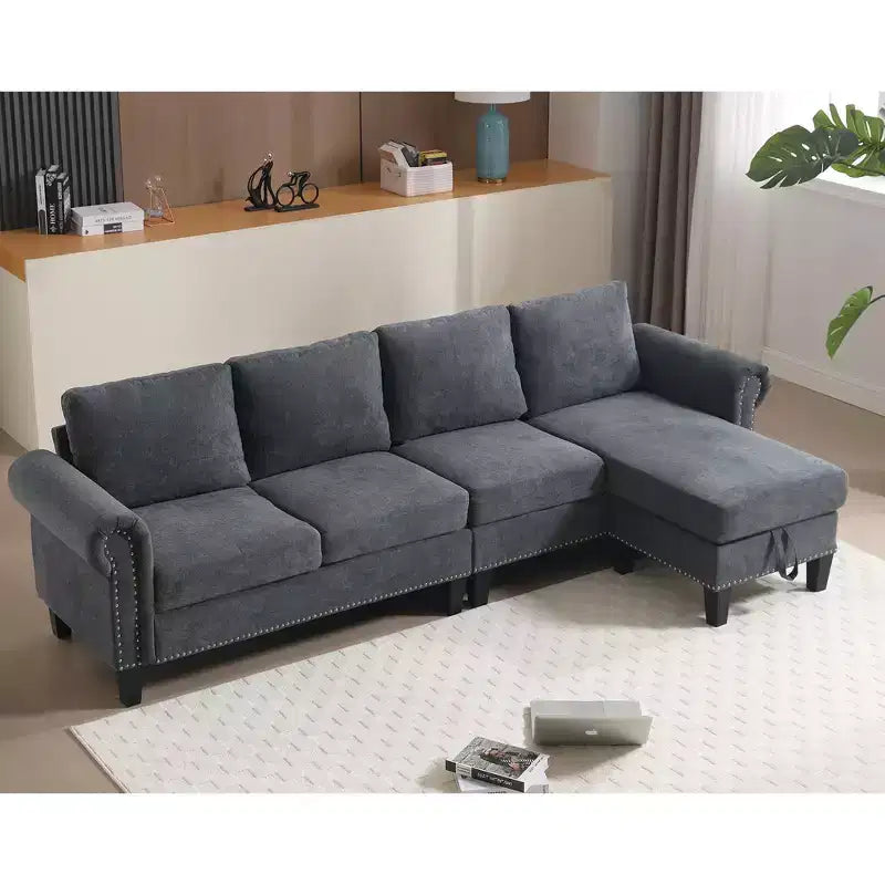 Canapé convertible GDFStudio Yorin 106 moderne 4 places en velours en forme de L avec pouf de rangement