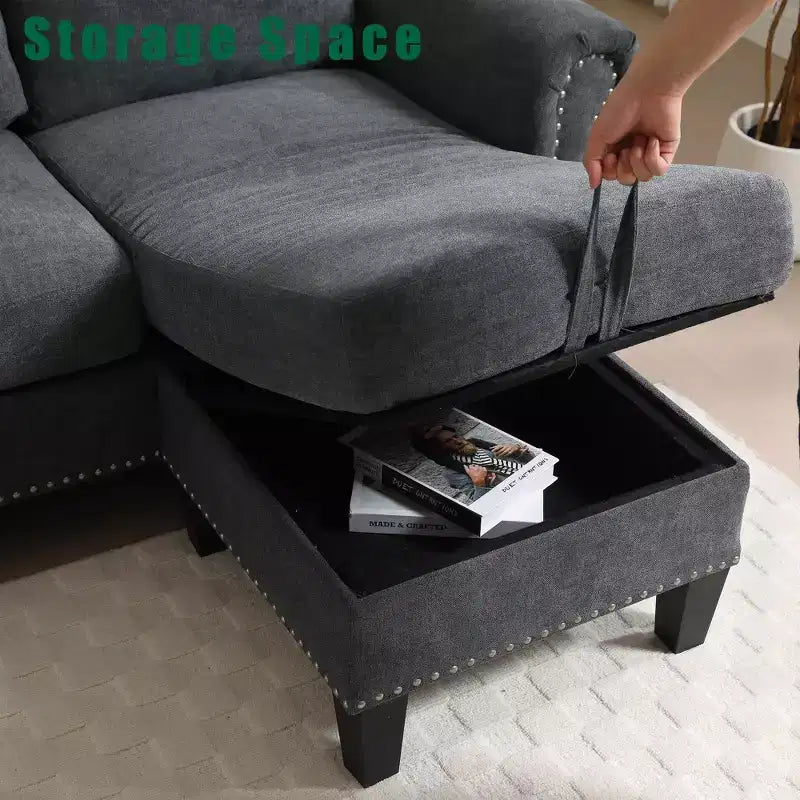 Canapé convertible GDFStudio Yorin 106 moderne 4 places en velours en forme de L avec pouf de rangement