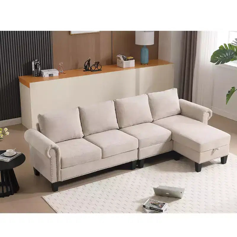 Canapé convertible GDFStudio Yorin 106 moderne 4 places en velours en forme de L avec pouf de rangement