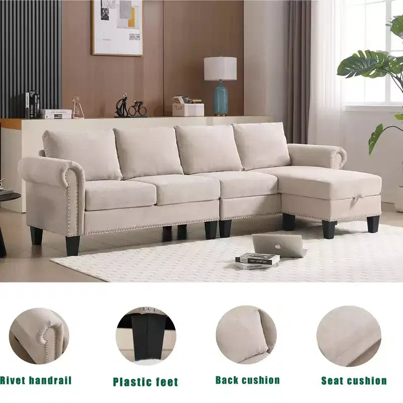 Canapé convertible GDFStudio Yorin 106 moderne 4 places en velours en forme de L avec pouf de rangement