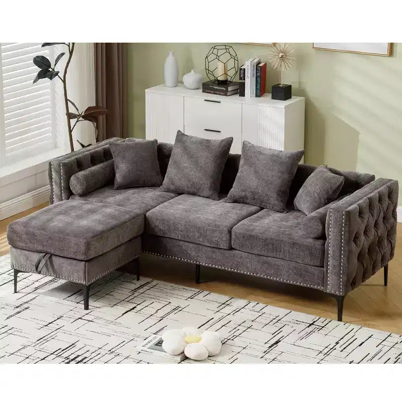 GDFStudio Zarin 85 Canapé sectionnel moderne 4 places en chenille avec pouf de rangement