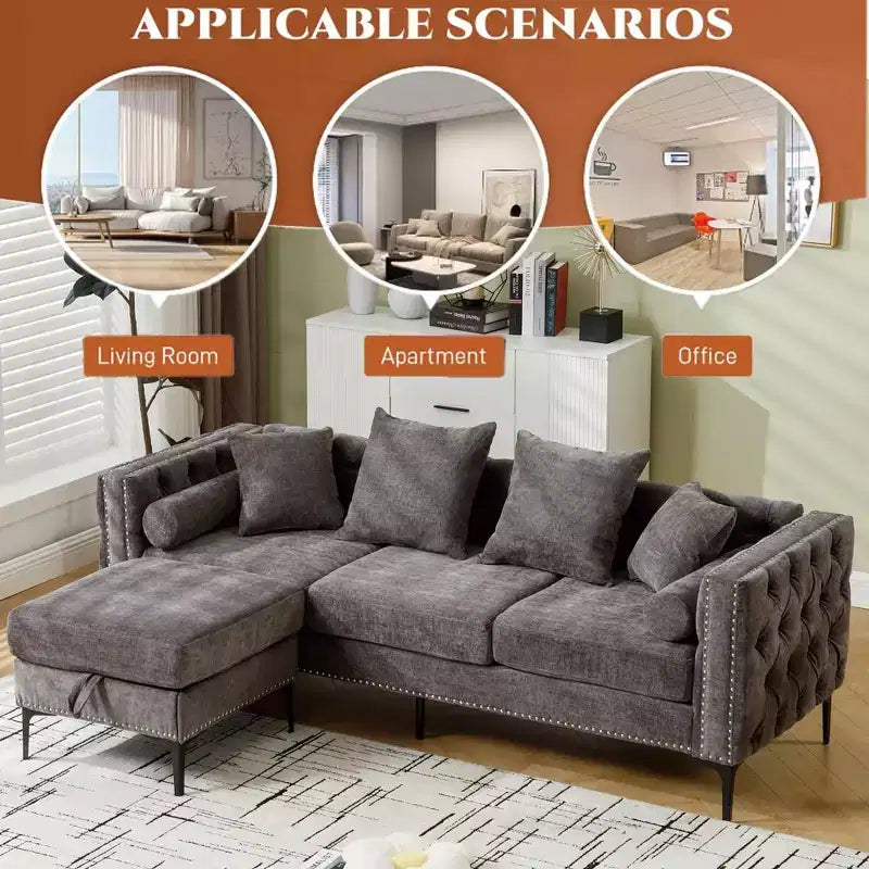 GDFStudio Zarin 85 Canapé sectionnel moderne 4 places en chenille avec pouf de rangement