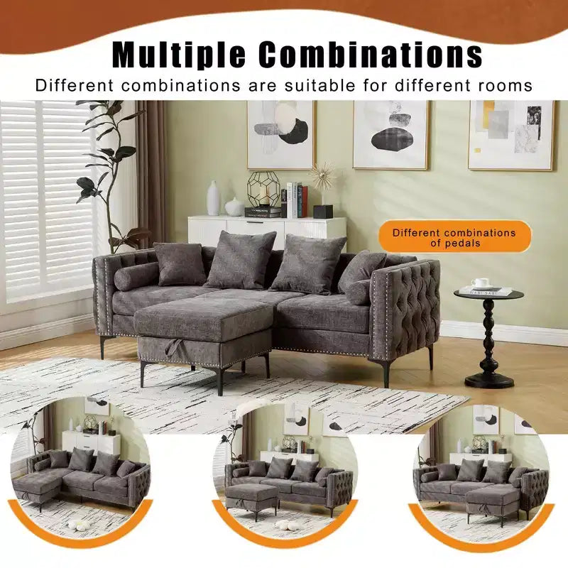GDFStudio Zarin 85 Canapé sectionnel moderne 4 places en chenille avec pouf de rangement
