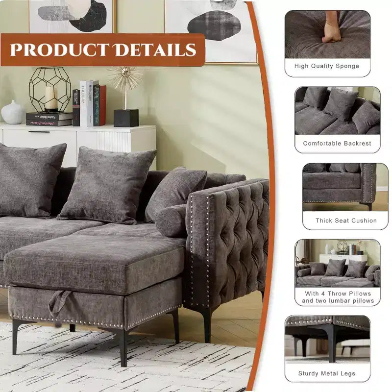 GDFStudio Zarin 85 Canapé sectionnel moderne 4 places en chenille avec pouf de rangement