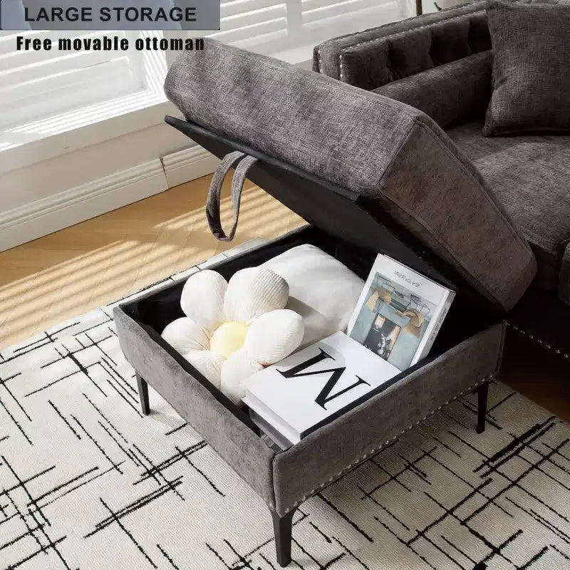 GDFStudio Zarin 85 Canapé sectionnel moderne 4 places en chenille avec pouf de rangement