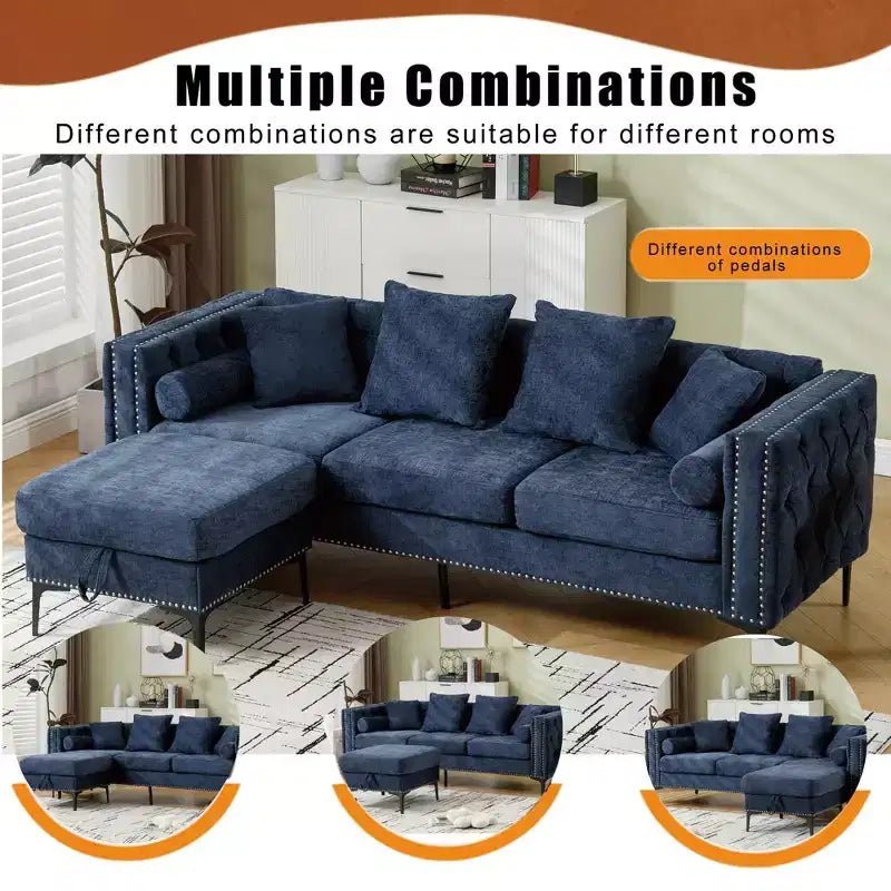 GDFStudio Zarin 85 Canapé sectionnel moderne 4 places en chenille avec pouf de rangement