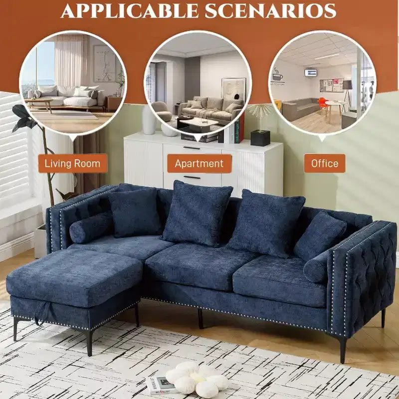 GDFStudio Zarin 85 Canapé sectionnel moderne 4 places en chenille avec pouf de rangement