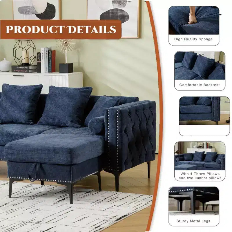 GDFStudio Zarin 85 Canapé sectionnel moderne 4 places en chenille avec pouf de rangement