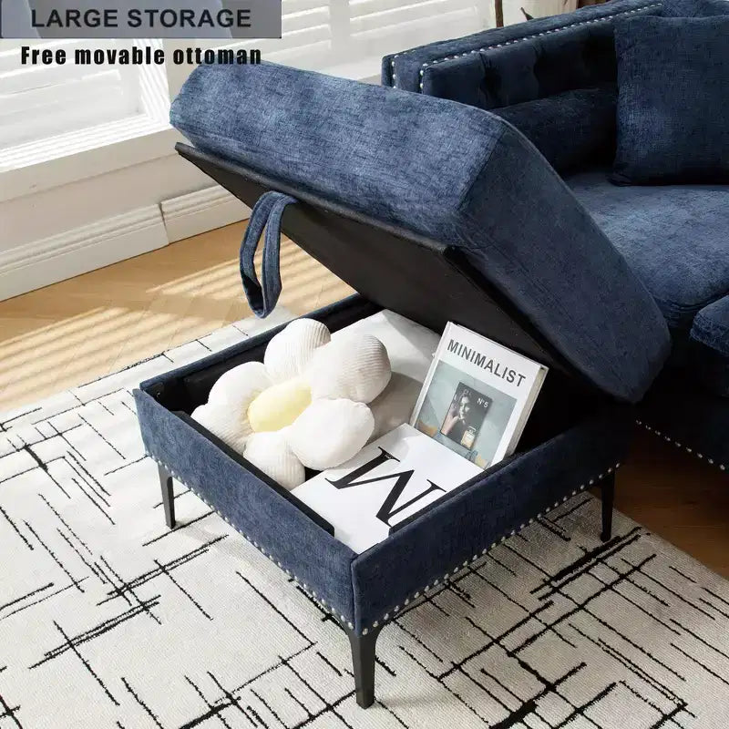 GDFStudio Zarin 85 Canapé sectionnel moderne 4 places en chenille avec pouf de rangement