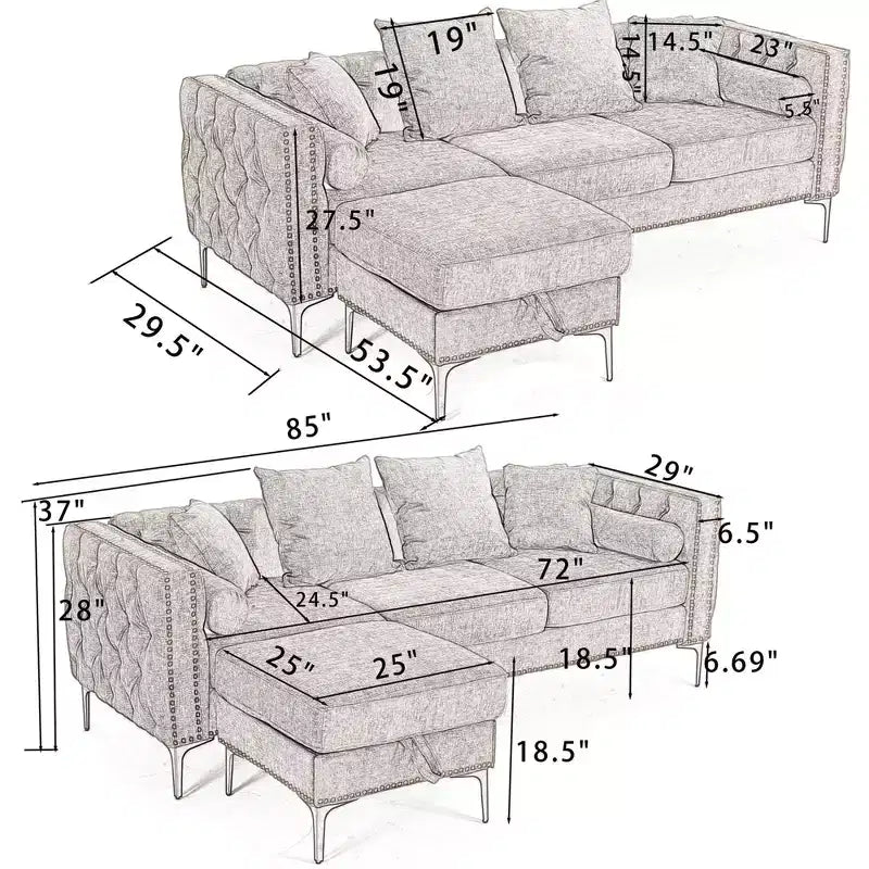 GDFStudio Zarin 85 Canapé sectionnel moderne 4 places en chenille avec pouf de rangement