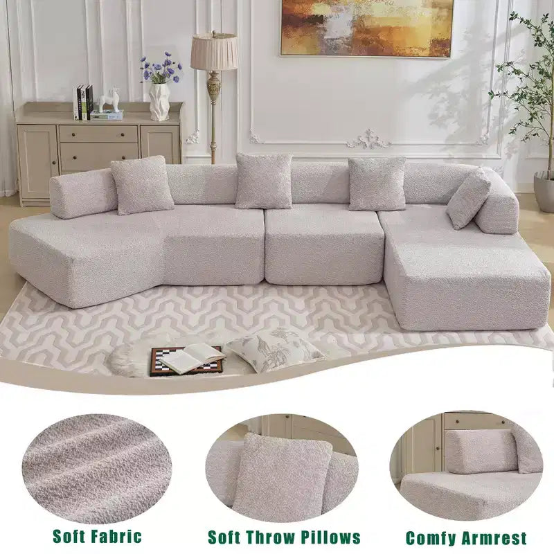 Canapé d'angle moderne 4 places en bouclette GDFStudio Arvik 140 avec 4 coussins