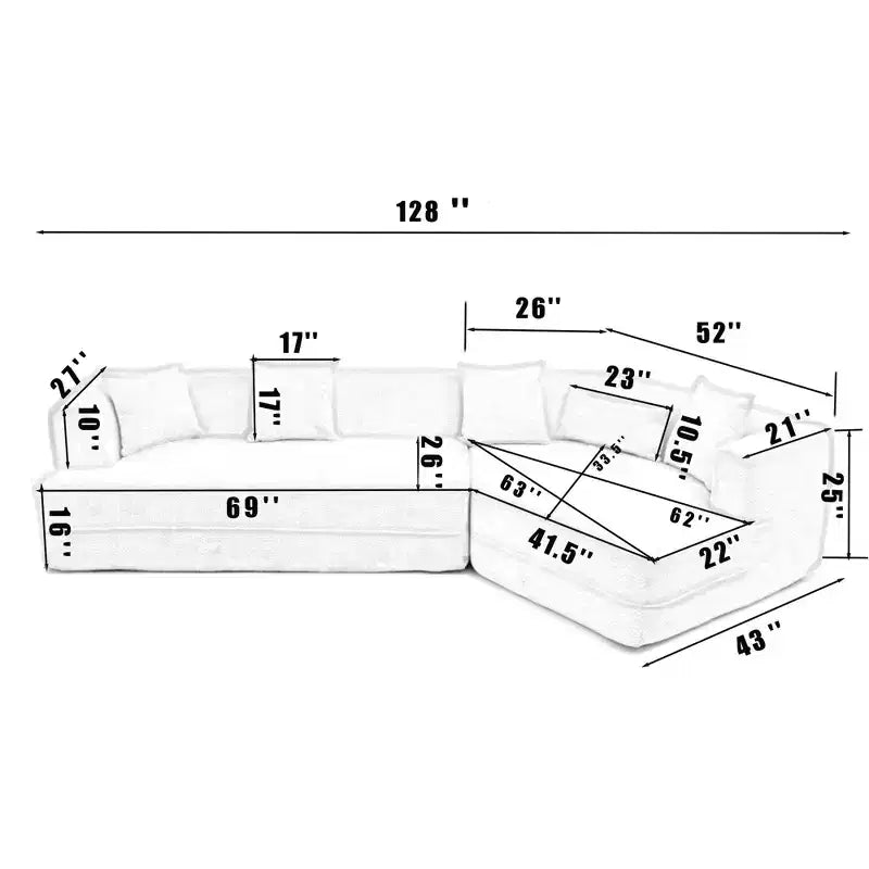 GDFStudio Arvik 128 - Canapé sectionnel moderne 3 places en tissu bouclé avec oreillers