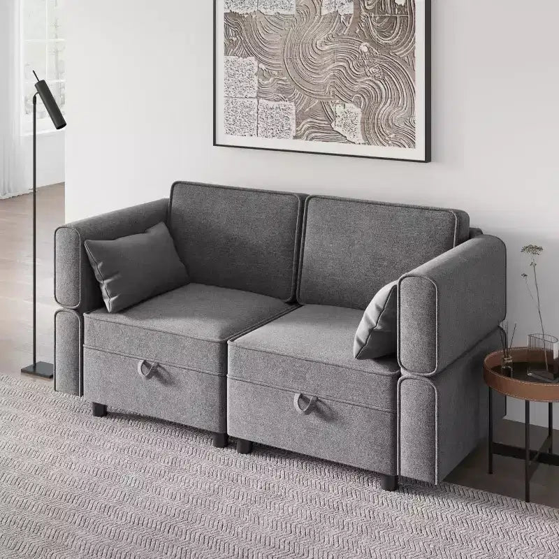 2-Piece Modular Sectional Set, 52 Loveseat-to-Bed, Tool-Free Click Connectors, 300 lb/Module, Ottoman Included, Corduroy, Dark Gray