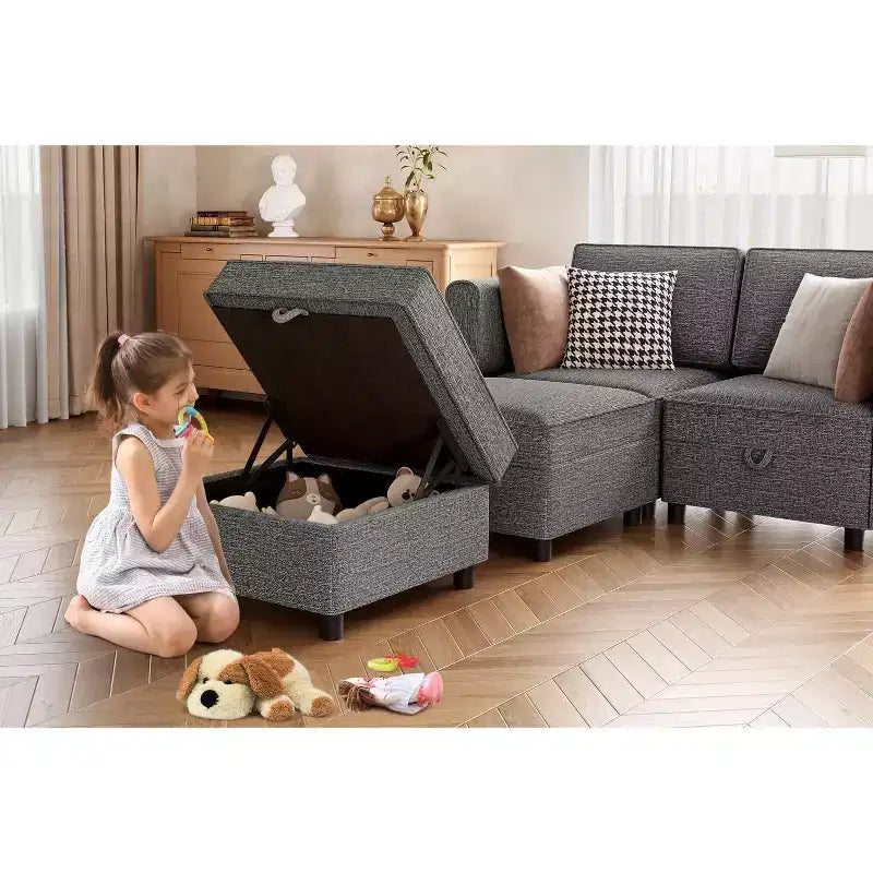 Canapé sectionnel modulaire 2 pièces, transformable en lit (largeur 52 po), raccords rapides sans outils, 136 kg/module, pouf inclus, velours côtelé, gris foncé