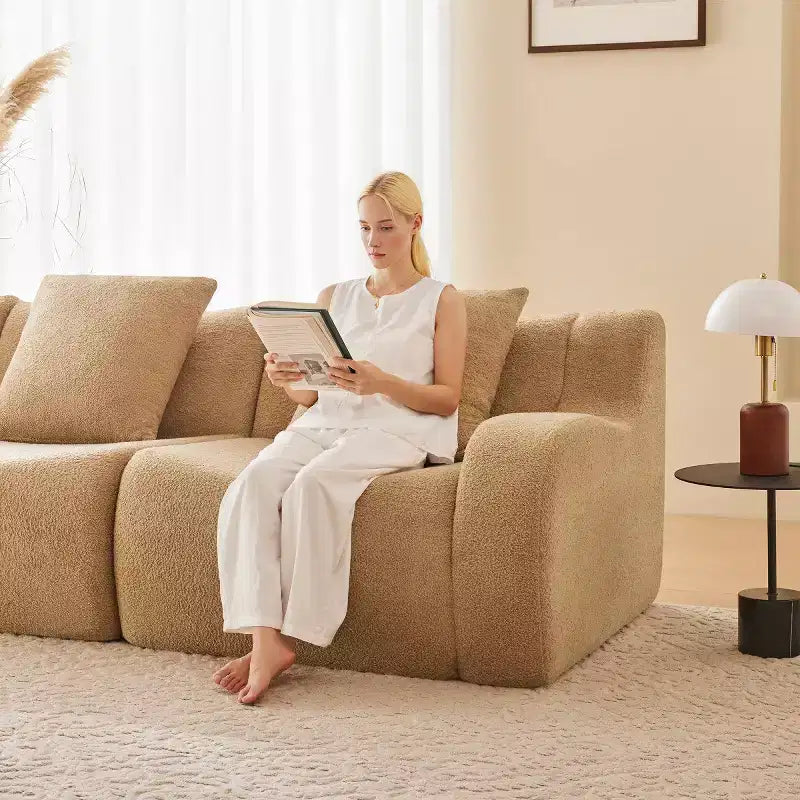 Canapé modulable moderne avec accoudoir incurvé, tissu bouclette, 3 places, assise profonde Cloud Sofa pour salon et chambre à coucher, aucun assemblage requis-Panipeachy