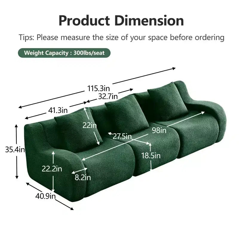 Canapé modulable moderne avec accoudoir incurvé, tissu bouclette, 3 places, assise profonde Cloud Sofa pour salon et chambre à coucher, aucun assemblage requis-Panipeachy