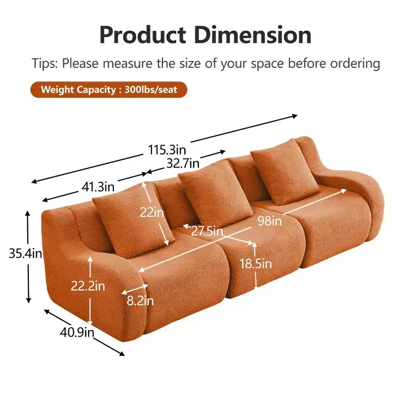Canapé modulable moderne avec accoudoir incurvé, tissu bouclette, 3 places, assise profonde Cloud Sofa pour salon et chambre à coucher, aucun assemblage requis-Panipeachy