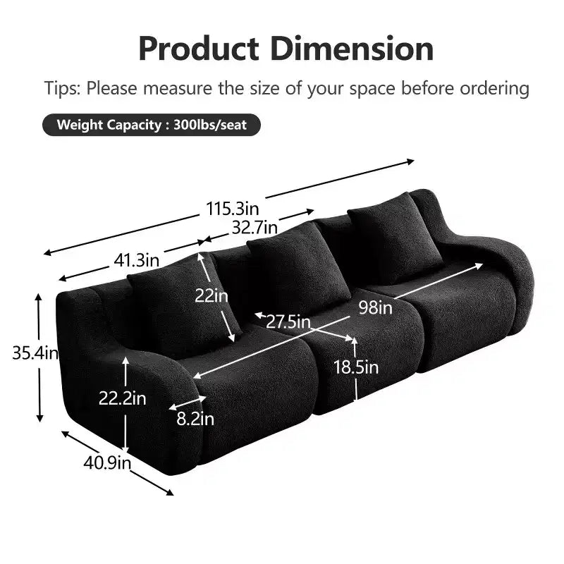 Canapé modulable moderne avec accoudoir incurvé, tissu bouclette, 3 places, assise profonde Cloud Sofa pour salon et chambre à coucher, aucun assemblage requis-Panipeachy
