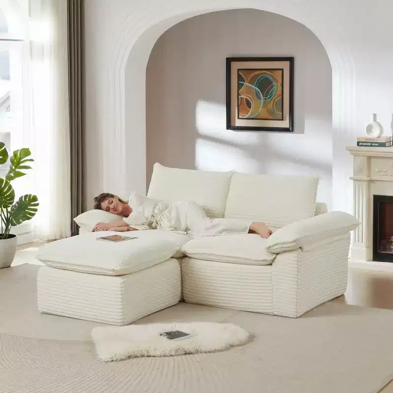 Canapé Modulable avec Ottoman, Causeuse en Velours Côtelé, Petit Canapé Sectionnel Moderne Nuage pour Salon & Chambre-Panipeachy