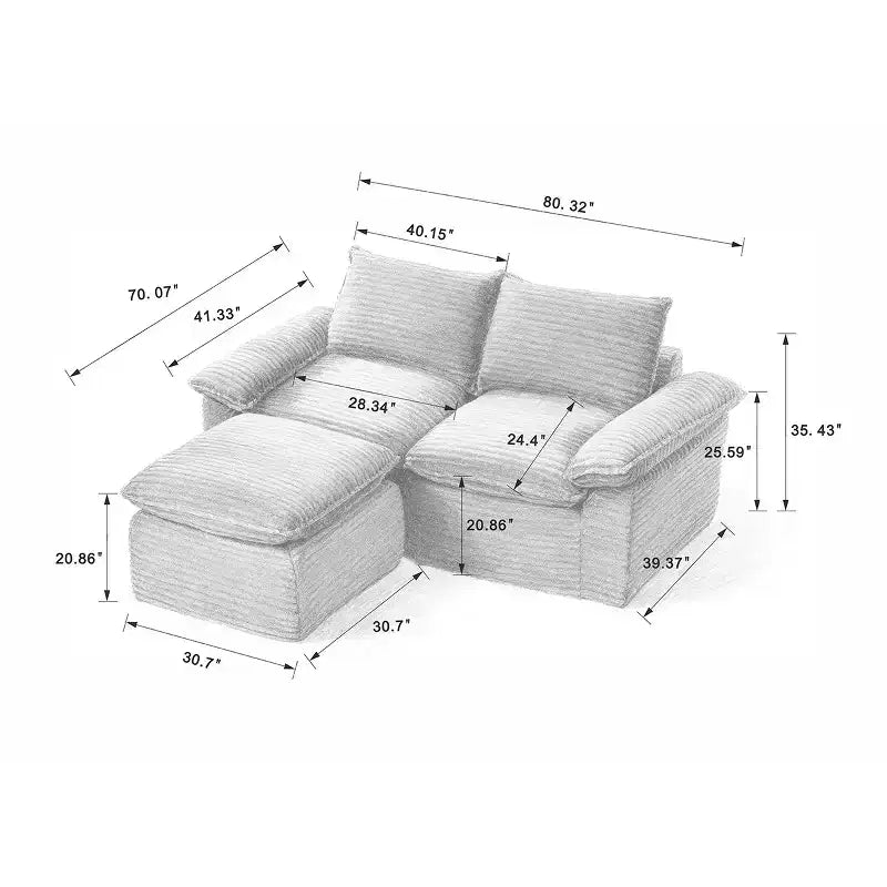 Canapé Modulable avec Ottoman, Causeuse en Velours Côtelé, Petit Canapé Sectionnel Moderne Nuage pour Salon & Chambre-Panipeachy