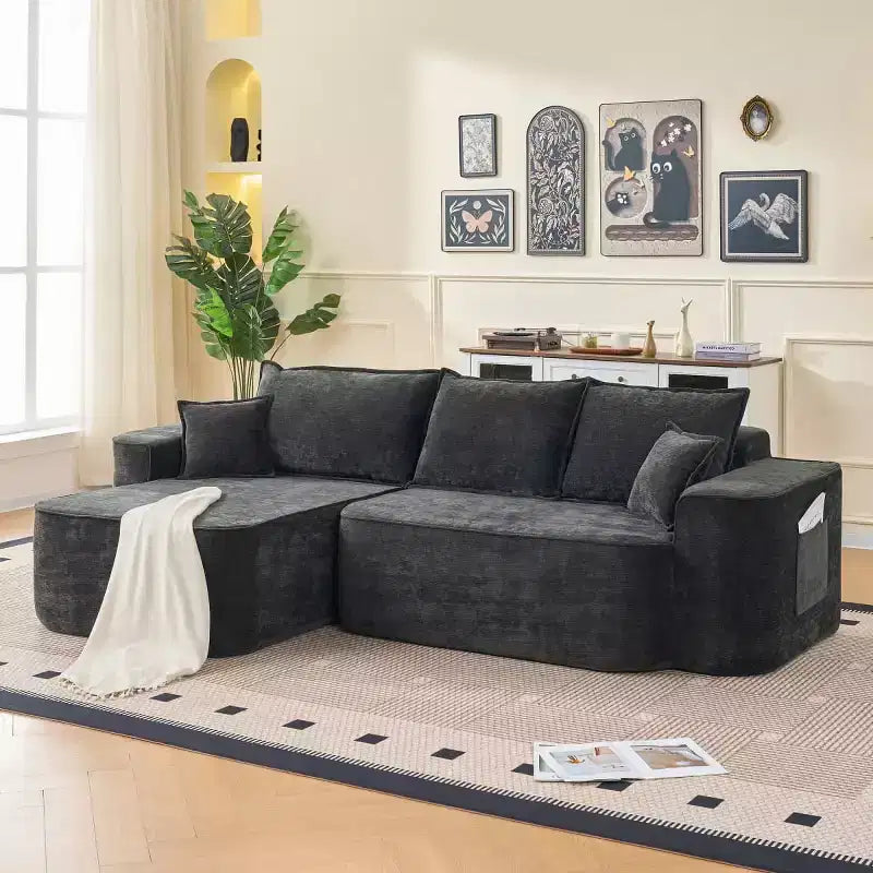 Canapé d'angle moderne en L avec méridienne, coussins extra profonds et accoudoirs larges, canapé molletonné en chenille pour salon ou espace de détente - Panipeachy
