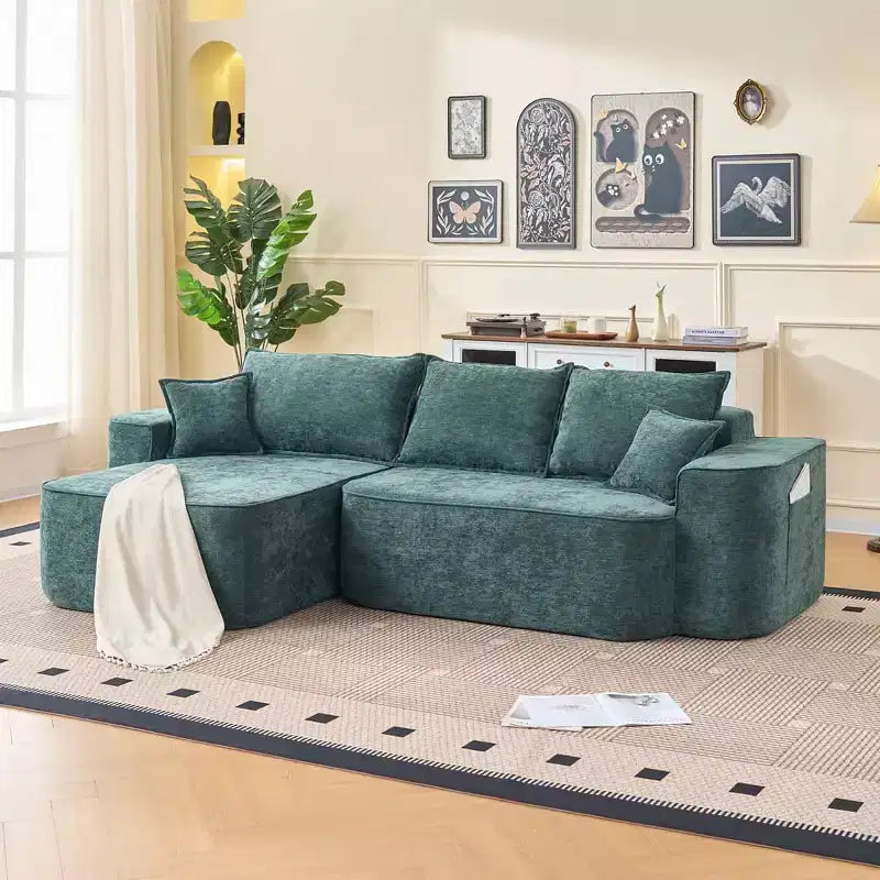 Canapé d'angle moderne en L avec méridienne, coussins extra profonds et accoudoirs larges, canapé molletonné en chenille pour salon ou espace de détente - Panipeachy
