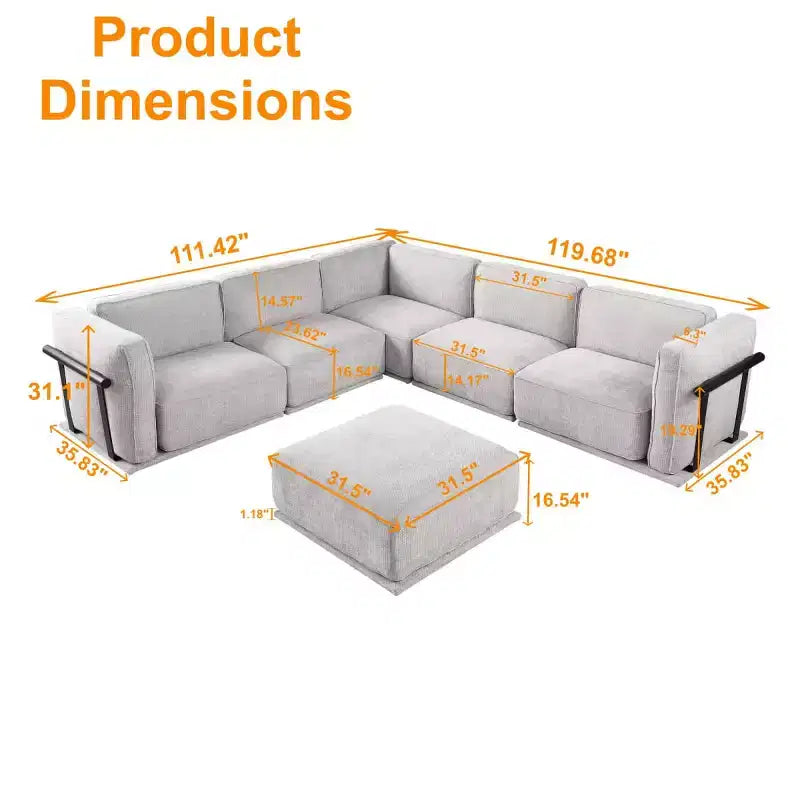 Grand canapé d'angle modulable 6 places en L avec pouf, cadre en bois et métal, canapé d'angle moderne en velours pour salon - Panipeachy