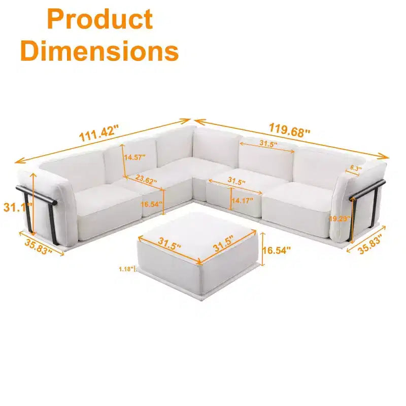 Grand canapé d'angle modulable 6 places en L avec pouf, cadre en bois et métal, canapé d'angle moderne en velours pour salon - Panipeachy
