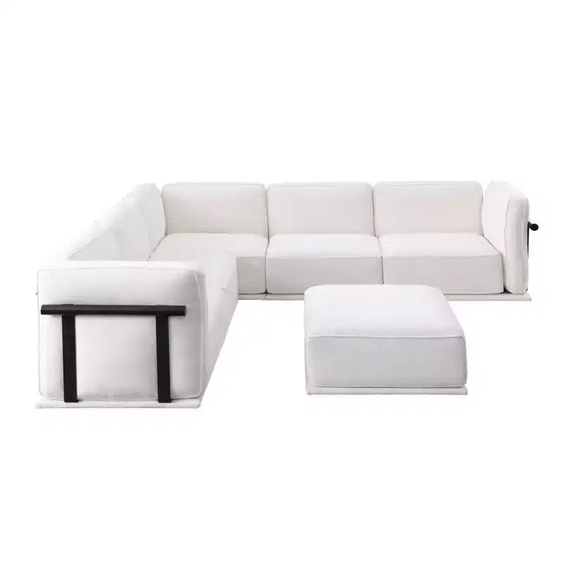 Grand canapé d'angle modulable 6 places en L avec pouf, cadre en bois et métal, canapé d'angle moderne en velours pour salon - Panipeachy