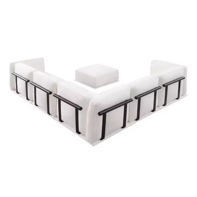 Grand canapé d'angle modulable 6 places en L avec pouf, cadre en bois et métal, canapé d'angle moderne en velours pour salon - Panipeachy