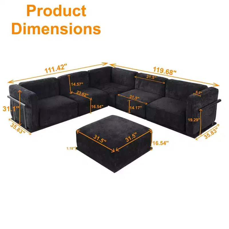 Grand canapé d'angle modulable 6 places en L avec pouf, cadre en bois et métal, canapé d'angle moderne en velours pour salon - Panipeachy