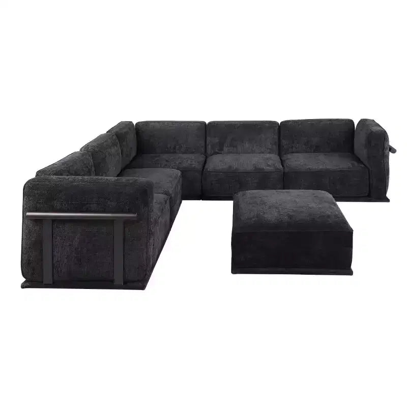 Grand canapé d'angle modulable 6 places en L avec pouf, cadre en bois et métal, canapé d'angle moderne en velours pour salon - Panipeachy