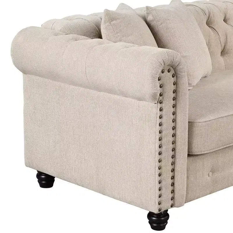 Chesterfield, canapé d'angle en forme de L, 3 places pour salon, méridienne réversible, 4 oreillers, beige-Morden Fort