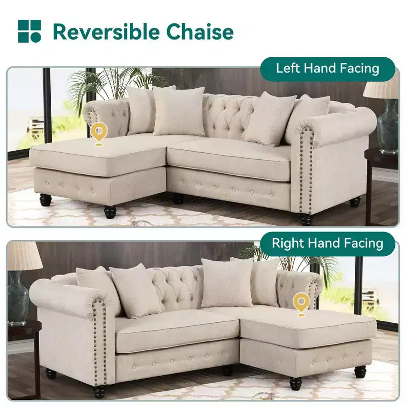 Chesterfield, canapé d'angle en forme de L, 3 places pour salon, méridienne réversible, 4 oreillers, beige-Morden Fort