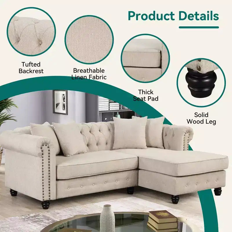 Chesterfield, canapé d'angle en forme de L, 3 places pour salon, méridienne réversible, 4 oreillers, beige-Morden Fort