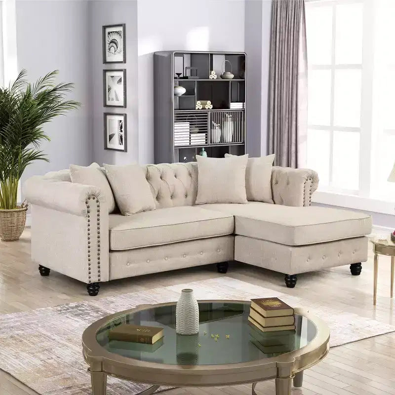 Chesterfield, canapé d'angle en forme de L, 3 places pour salon, méridienne réversible, 4 oreillers, beige-Morden Fort