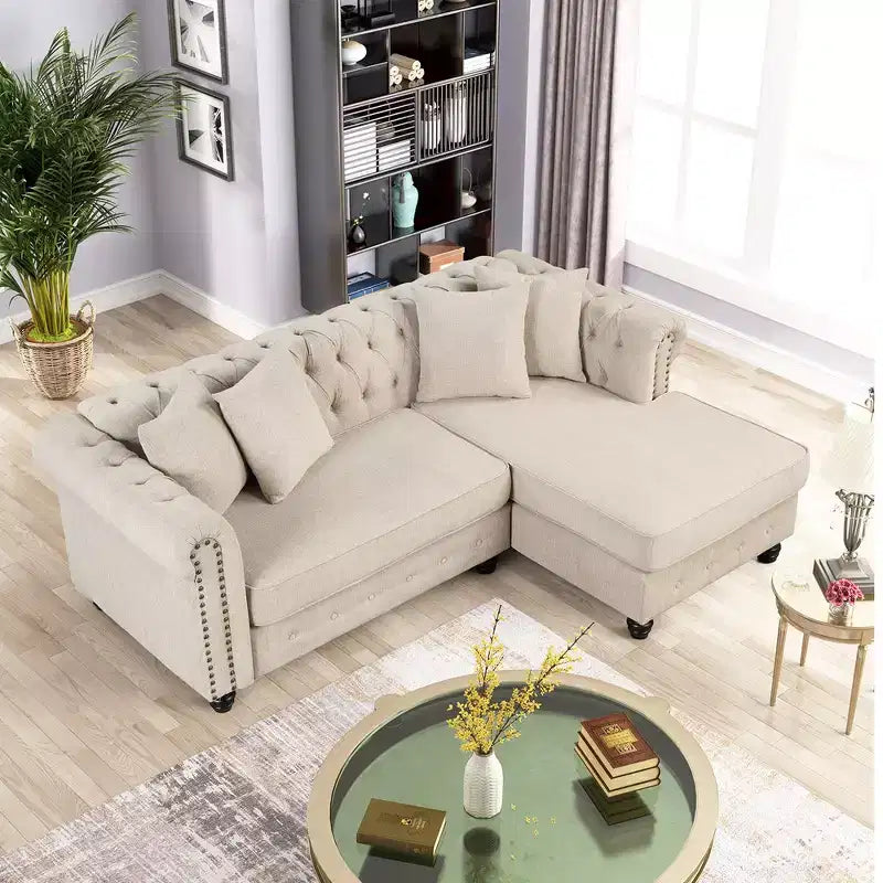 Chesterfield, canapé d'angle en forme de L, 3 places pour salon, méridienne réversible, 4 oreillers, beige-Morden Fort