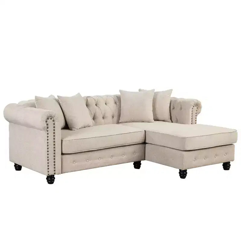 Chesterfield, canapé d'angle en forme de L, 3 places pour salon, méridienne réversible, 4 oreillers, beige-Morden Fort