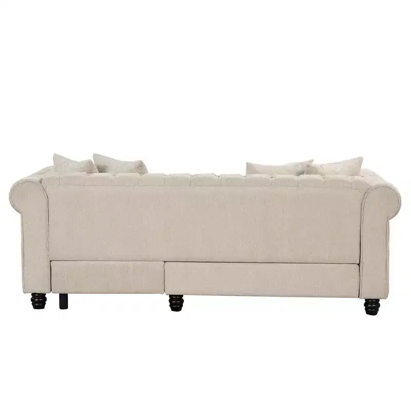 Chesterfield, canapé d'angle en forme de L, 3 places pour salon, méridienne réversible, 4 oreillers, beige-Morden Fort