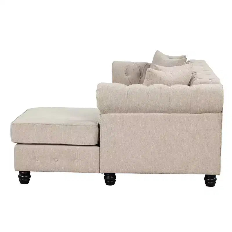 Chesterfield, canapé d'angle en forme de L, 3 places pour salon, méridienne réversible, 4 oreillers, beige-Morden Fort