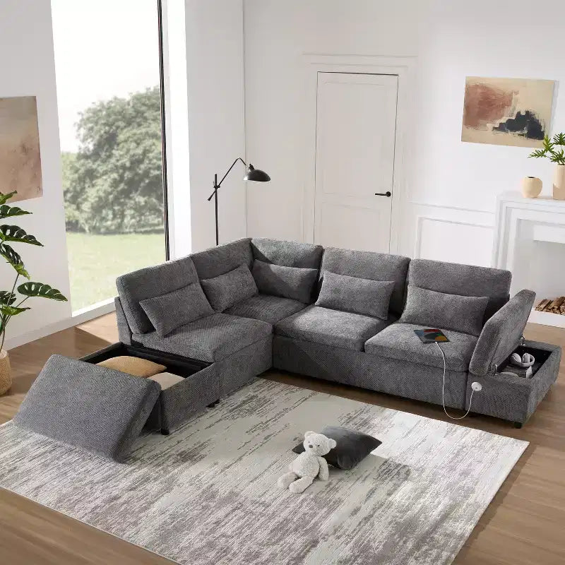 GDFStudio Nathan Canapé d'angle moderne en chenille en forme de L avec pouf de rangement et console d'accoudoir réglable avec ports de chargement