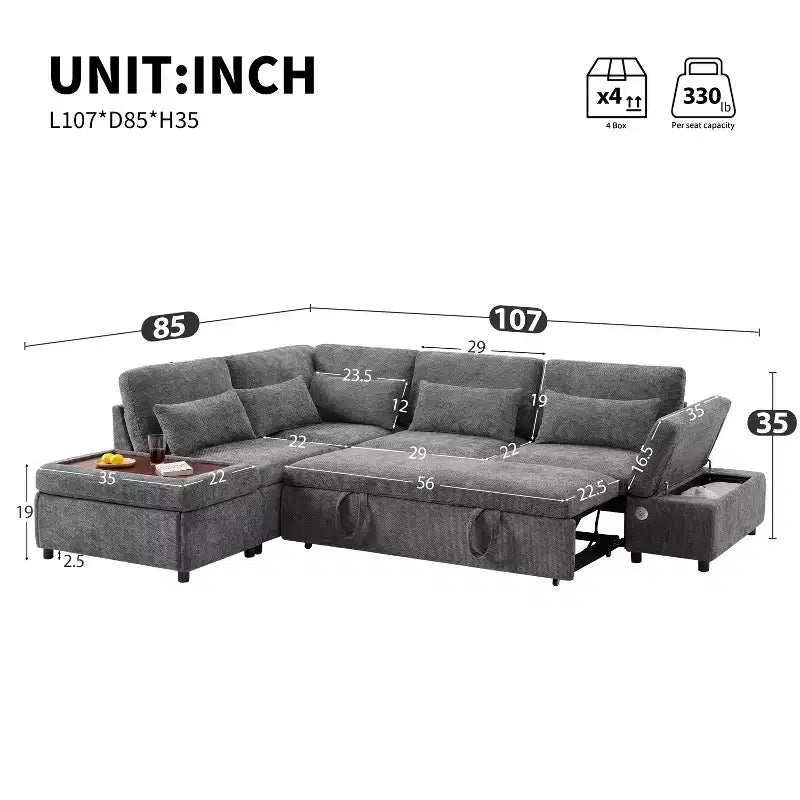 GDFStudio Nathan Canapé d'angle moderne en chenille en forme de L avec pouf de rangement et console d'accoudoir réglable avec ports de chargement