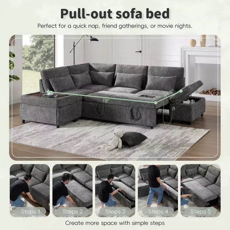 GDFStudio Nathan Canapé d'angle moderne en chenille en forme de L avec pouf de rangement et console d'accoudoir réglable avec ports de chargement