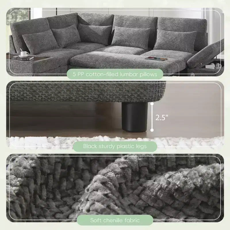 GDFStudio Nathan Canapé d'angle moderne en chenille en forme de L avec pouf de rangement et console d'accoudoir réglable avec ports de chargement