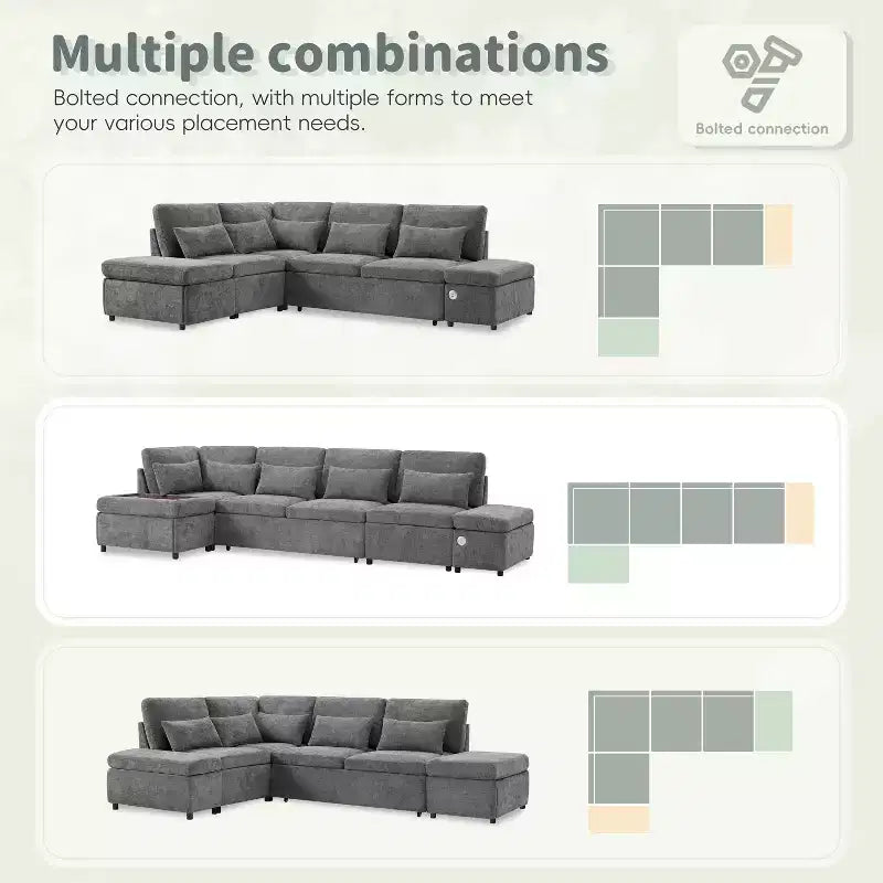 GDFStudio Nathan Canapé d'angle moderne en chenille en forme de L avec pouf de rangement et console d'accoudoir réglable avec ports de chargement