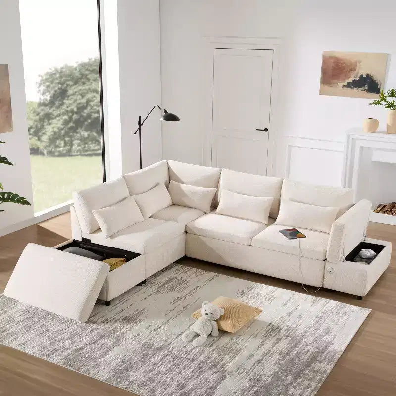 GDFStudio Nathan Canapé d'angle moderne en chenille en forme de L avec pouf de rangement et console d'accoudoir réglable avec ports de chargement