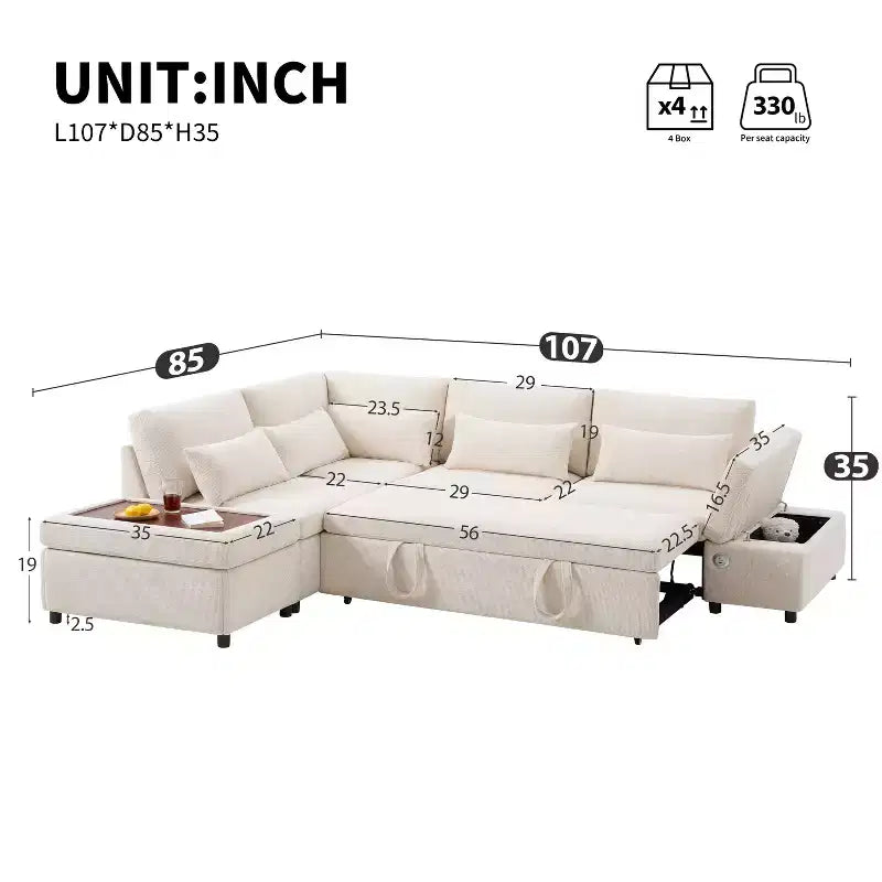 GDFStudio Nathan Canapé d'angle moderne en chenille en forme de L avec pouf de rangement et console d'accoudoir réglable avec ports de chargement