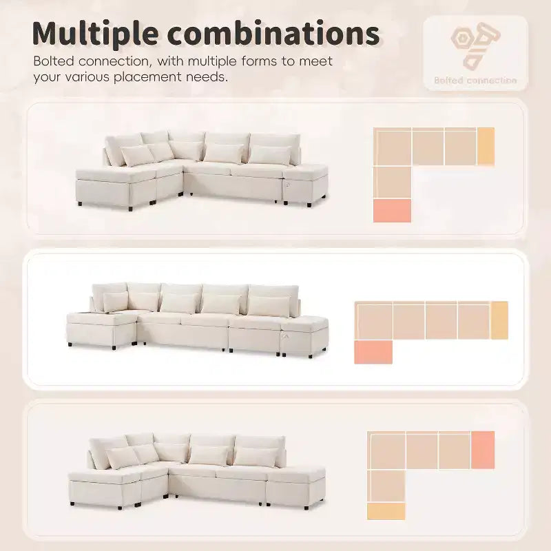 GDFStudio Nathan Canapé d'angle moderne en chenille en forme de L avec pouf de rangement et console d'accoudoir réglable avec ports de chargement
